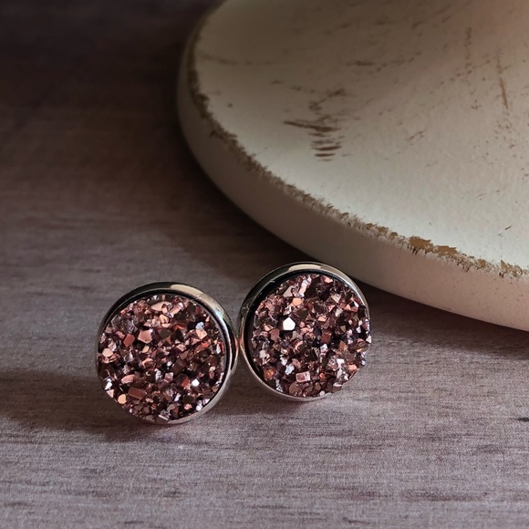 Rose Gold Chunky Druzy Silver Stud Earrings! - Picture 5 of 14